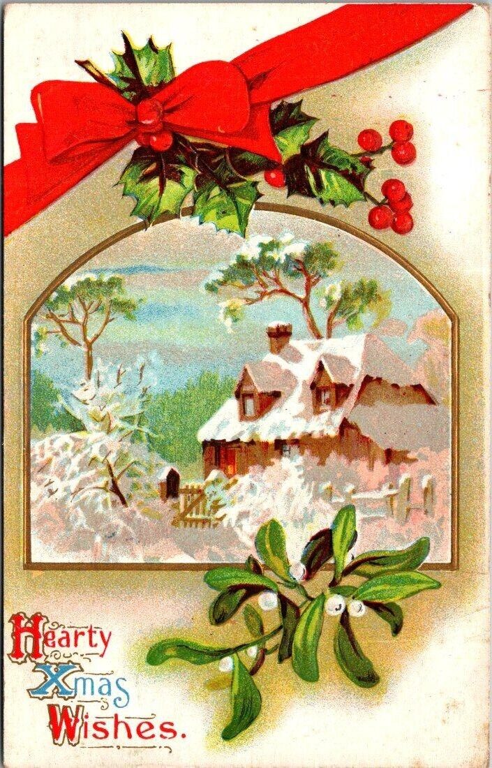 Vintage Winter Scene Hearty Christmas Wishes Postcard Posted 1919