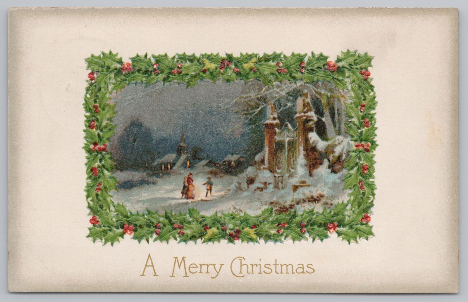 Winsch~A Merry Christmas~Holly Berry Frame~Winter Snowfalling Scene~PM 1916 PC