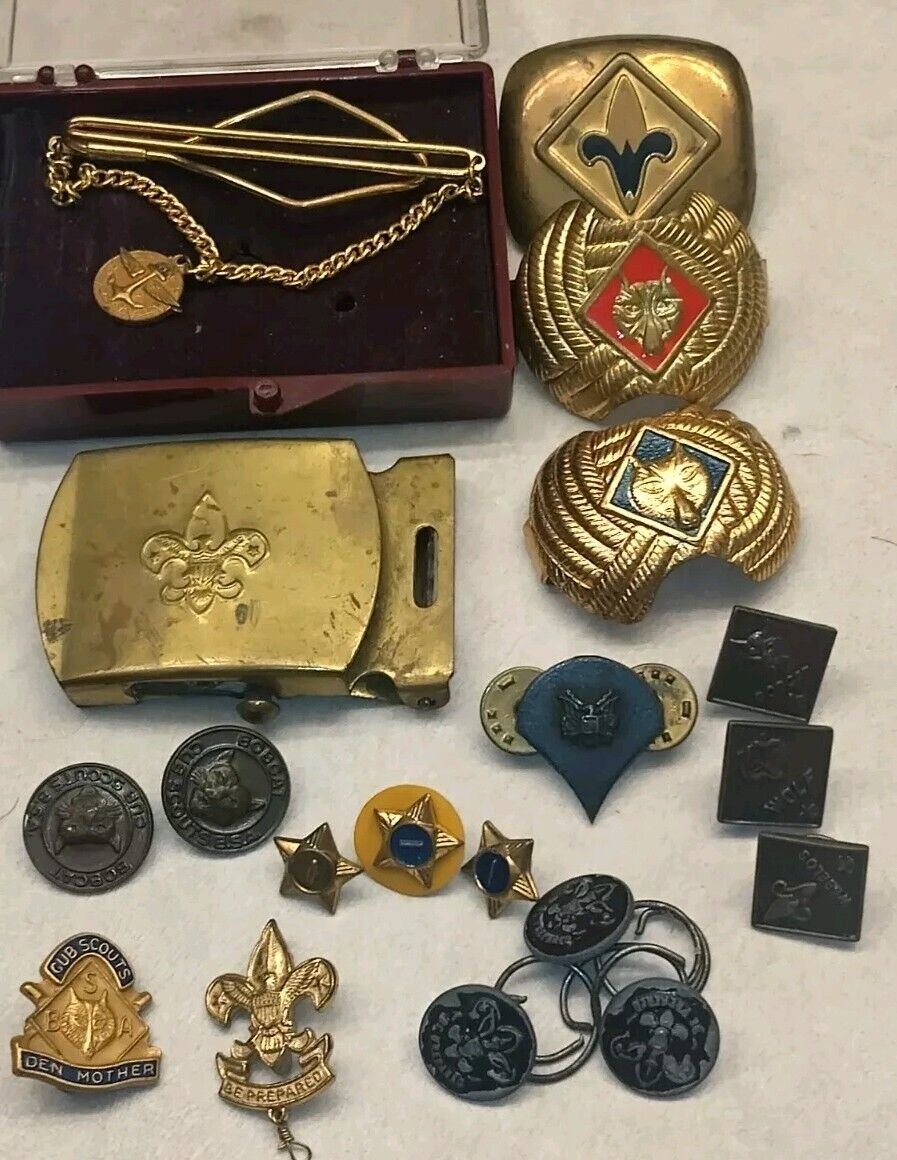 Vintage 19 Pc. BSA Boy Cub Scouts Of America Uniform Lot Pins Medals Buckle Clip