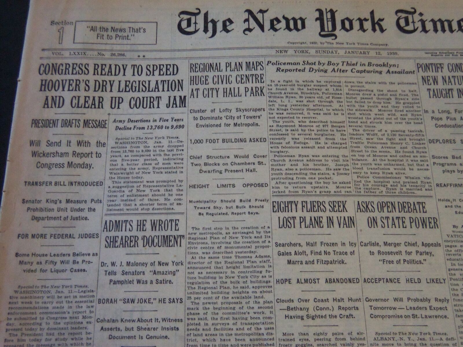 1930 JANUARY 12 NEW YORK TIMES - CONGRESS TO SPEED HOOVER\'S LEGISLATION- NT 5729