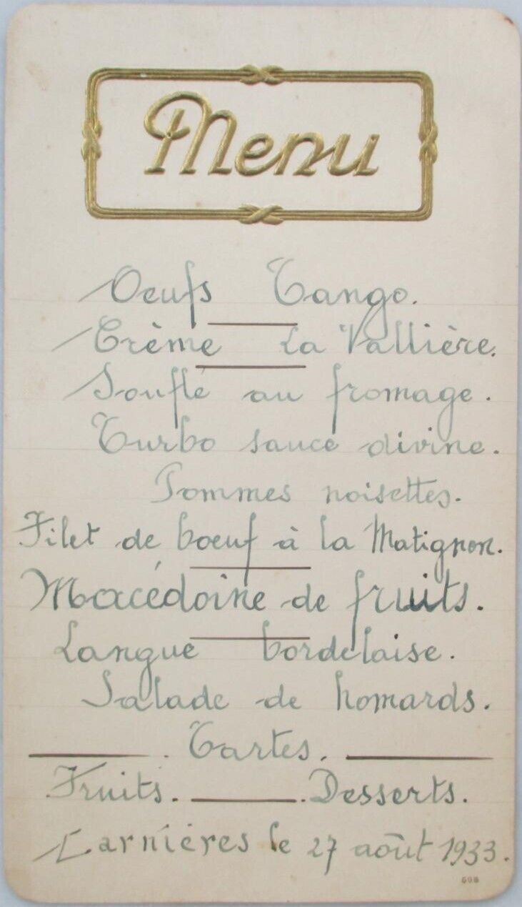 Menu, French 1933 Handwritten, Carnières Nord, Salade Homards, Langue Bordelaise