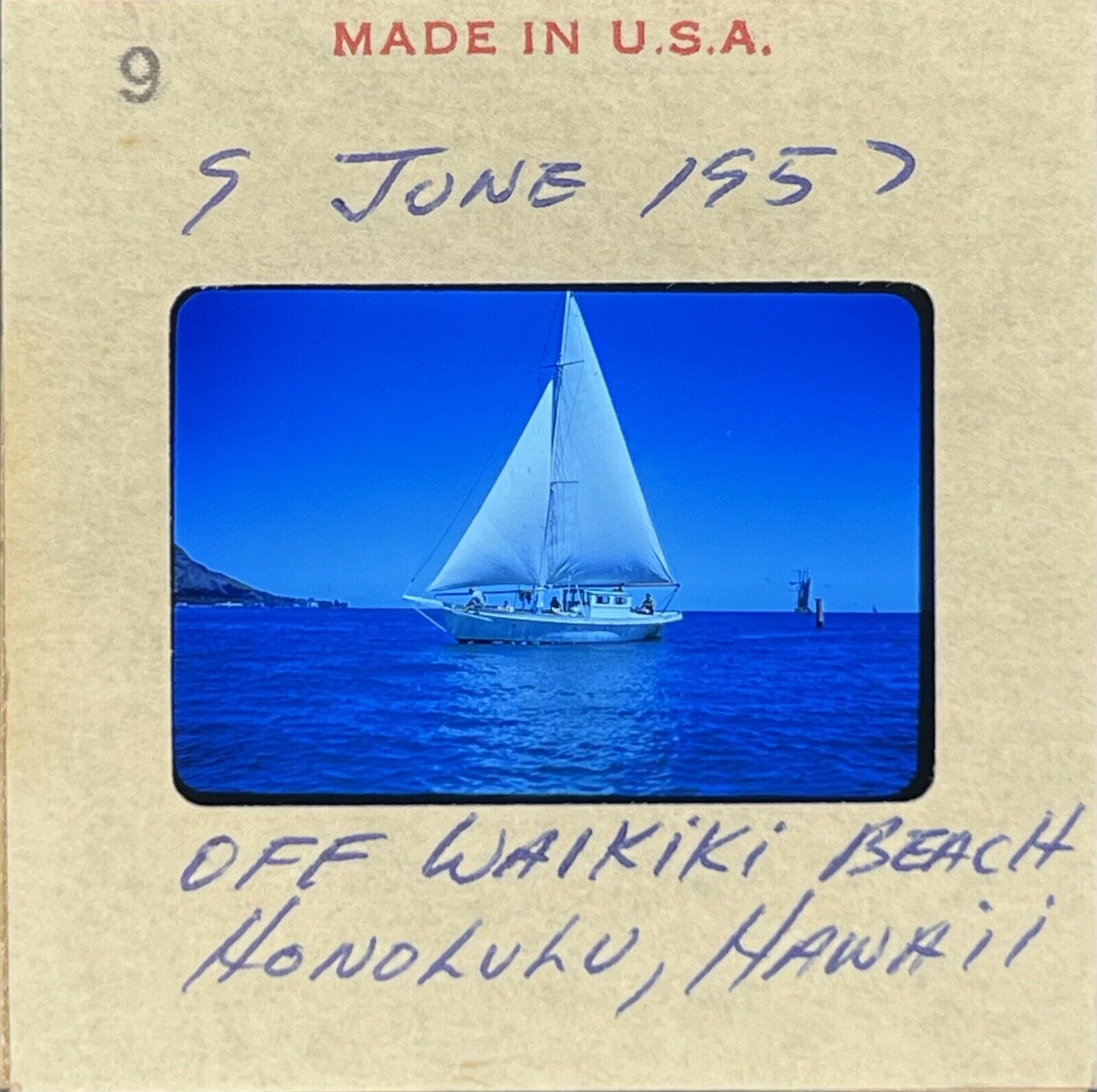 Vintage 35mm Slide 1957 Sailboat Waikiki Beach Honolulu Kodachrome Red Border