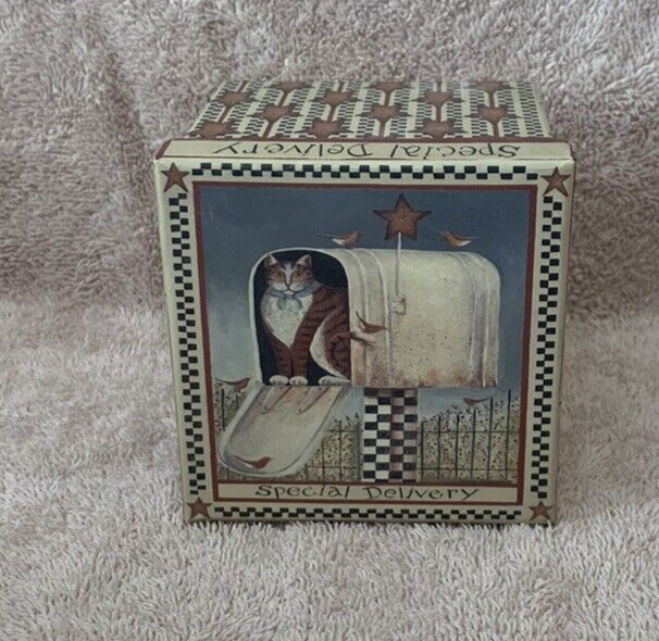 Lindy Bowman SPECIAL DELIVERY CAT IN MAILBOX Folk Art Small Gift / Storage Box