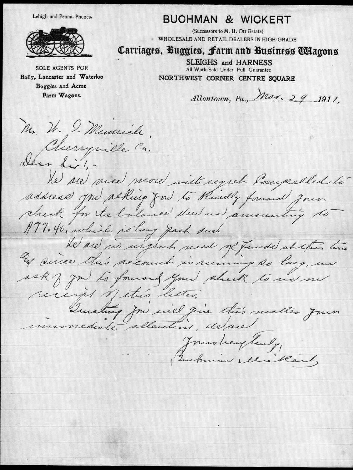 1911 Allentown Pa - Buchman & Wickert - Carriages Farm Wagons - Letter Head Bill