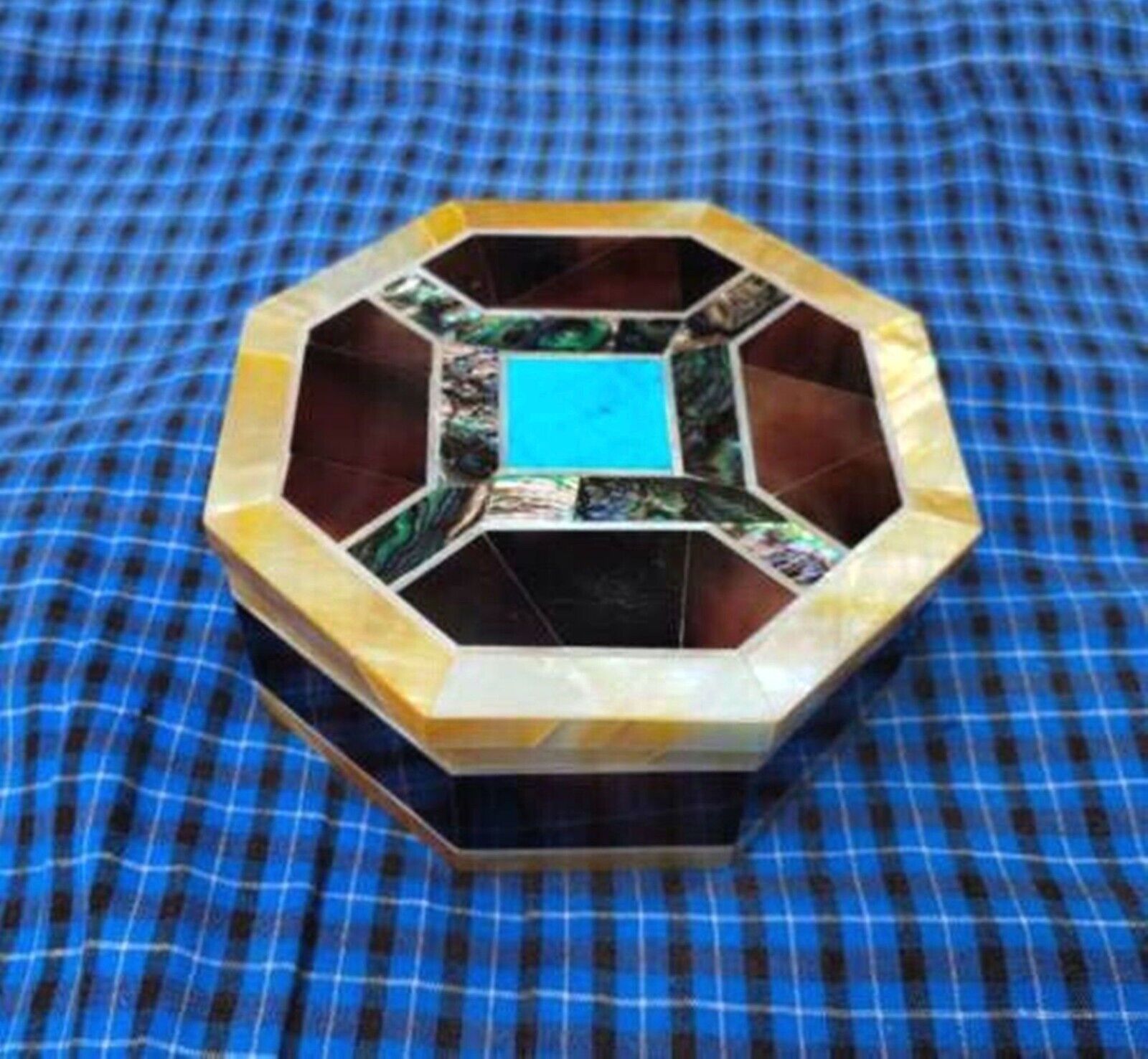 Gemstone Overlay Work Trinket Box Octagon Marble Jewelry Box for Dressing Table