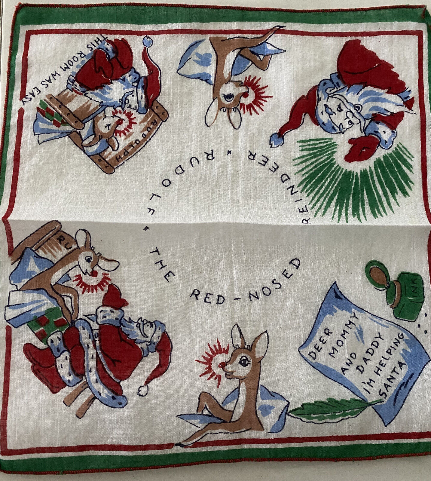 1939 Childs  RLM Rudolph Red-Nosed Reindeer Hankie Montgomery Ward Handkerchief
