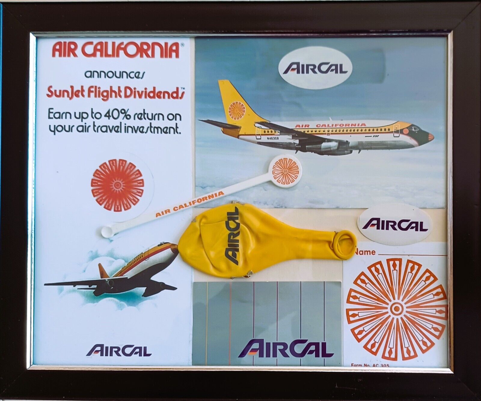 AIRCAL Air California 737 Postcard Swizzle Stick Balloon Coupon Framed