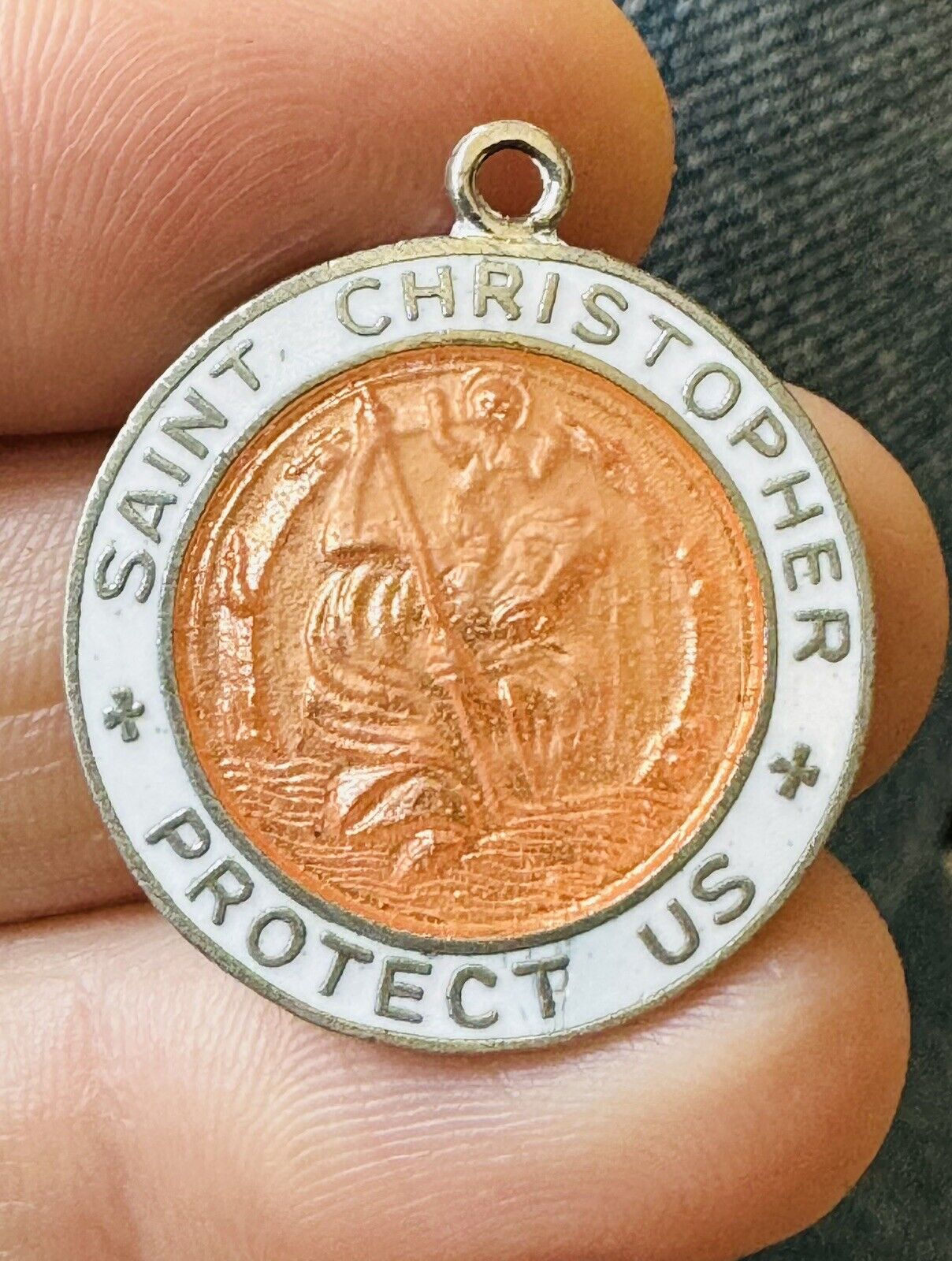 Vintage SAINT CHRISTOPHER PROTECT US Peach & White Enamel Medal Japan