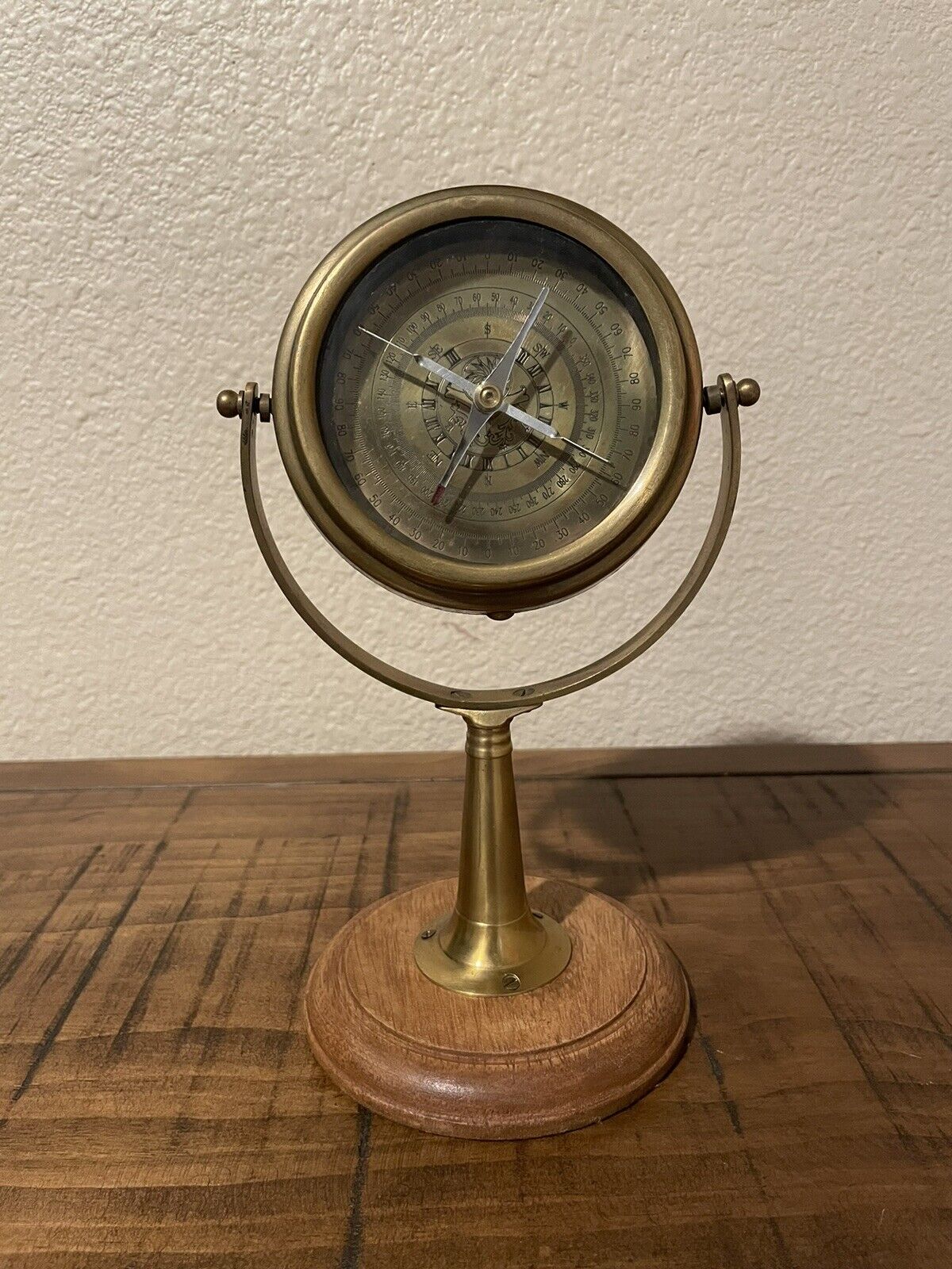 Vintage Brass and Wood Standing Nautical Compass