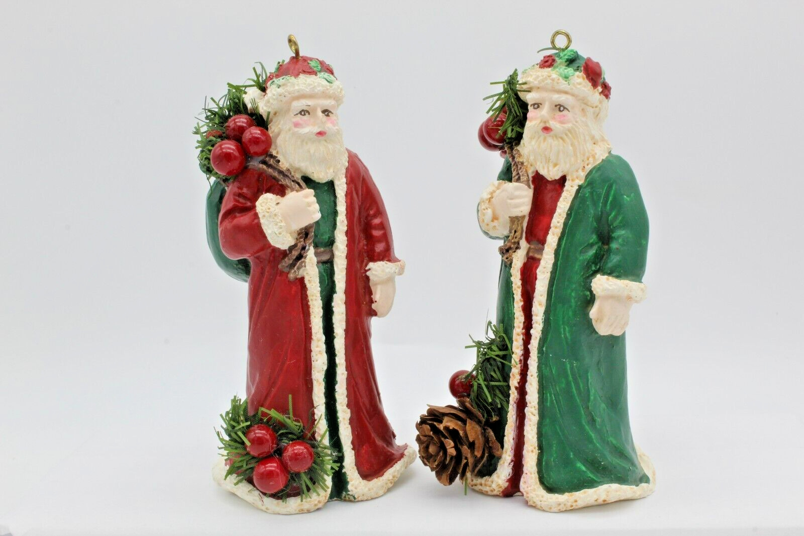 Santa Claus Ornaments Set of 2 a Green & a Red Long Coat Pinecone Berrys
