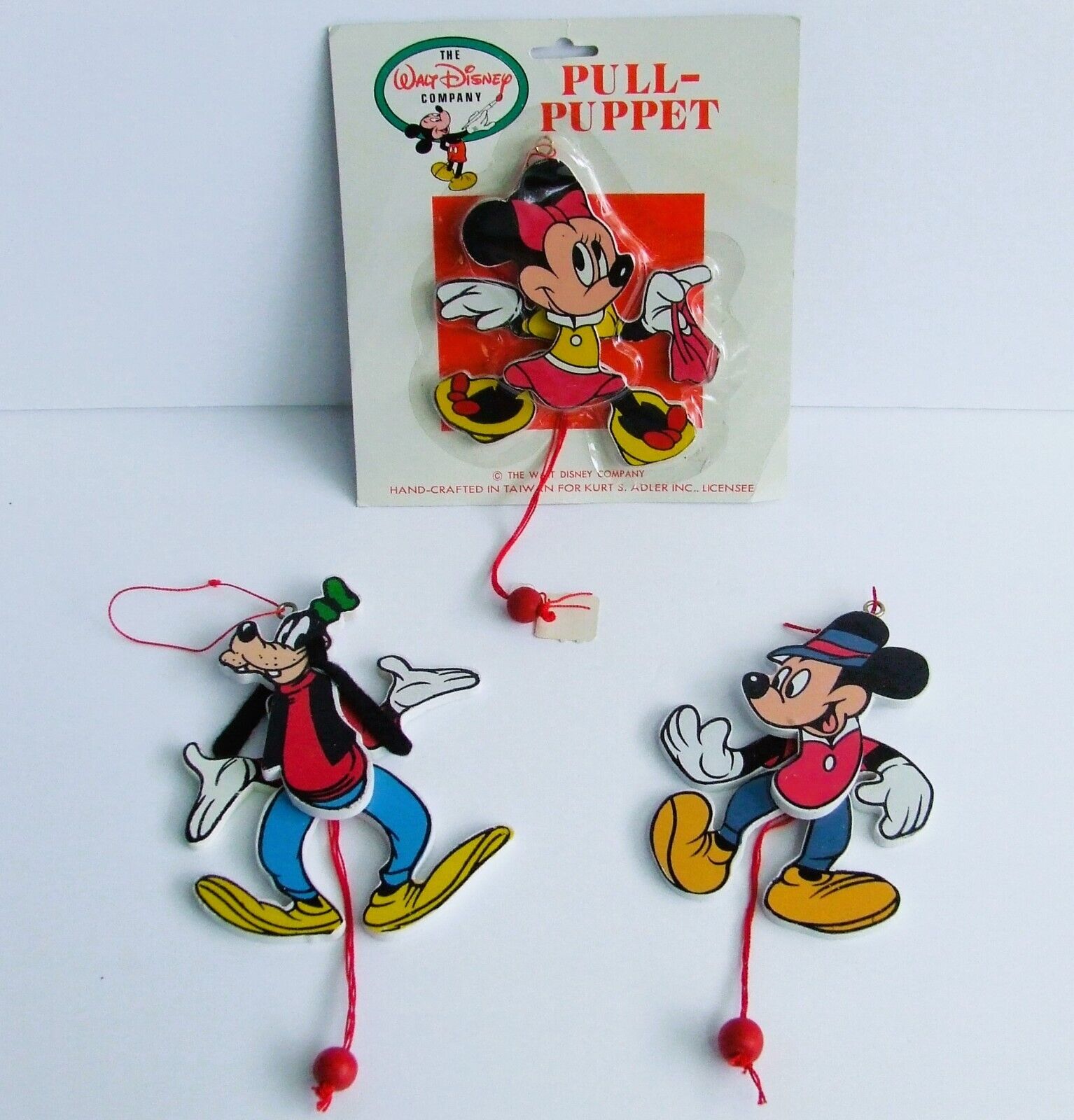 Set 3 Walt Disney Company Kurt Adler Minnie Mickey Mouse Goofy Wood Pull Puppet