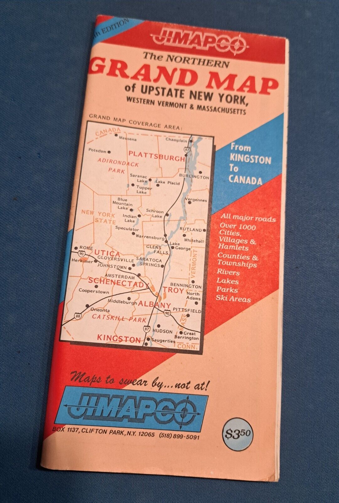 Upstate New York Map 1991 Jimapco Includes West Vermont, Mass. Folding Road Map