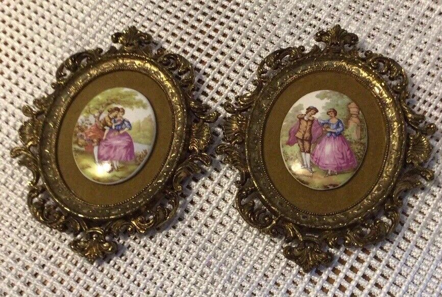 2 Vtg 5.5 X 4.5” Courting Couple Porcelain Metal Gilded Frames Hand Painted