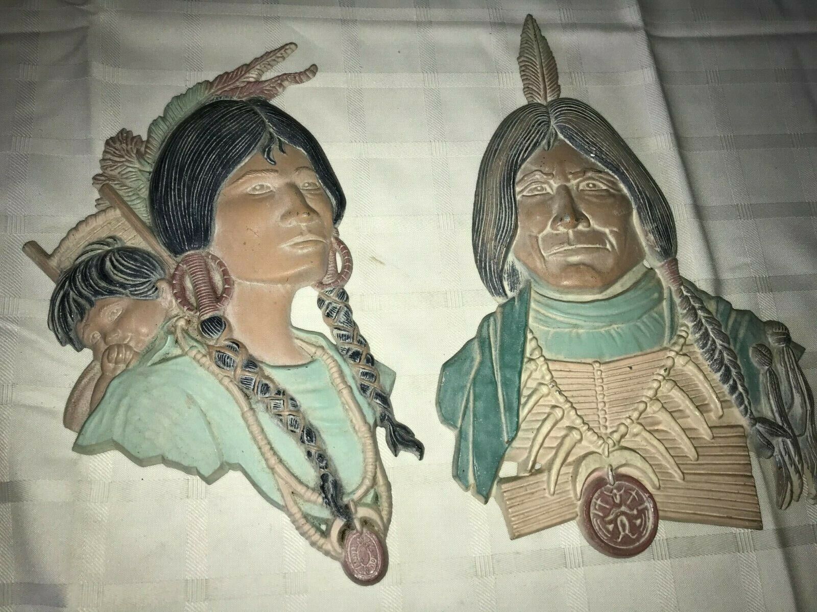 2 SEXTON Native American Indian Chief Man Woman Child Metal Wall Plaque 13\