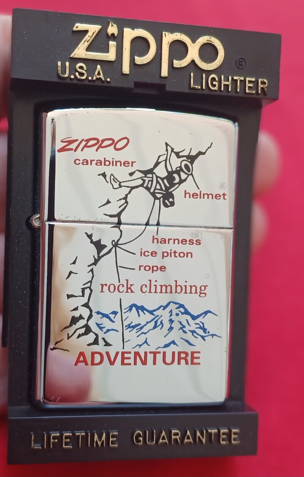 1997 High Polish Chrome Adventure Zippo Lighter, Rock Climbing