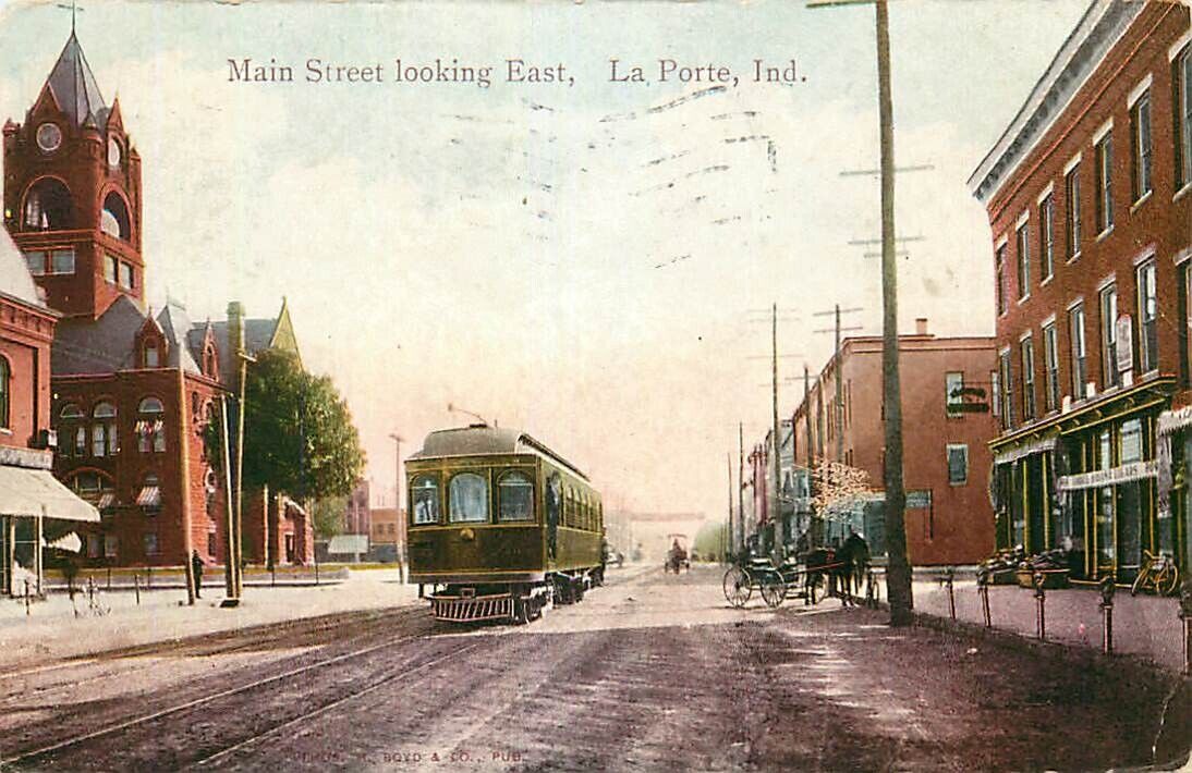 Postcard Interurban Car on Main Street looking East, La Porte, Indiana - 1910