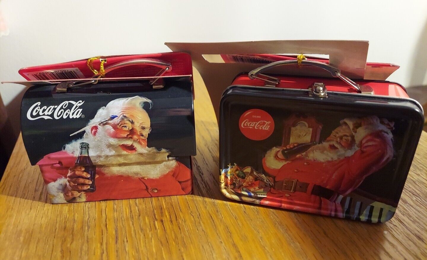 2007 Coca-Cola Micro Mini Tin Lunch Box Christmas Ornaments Lot Of 2 Santa Xmas