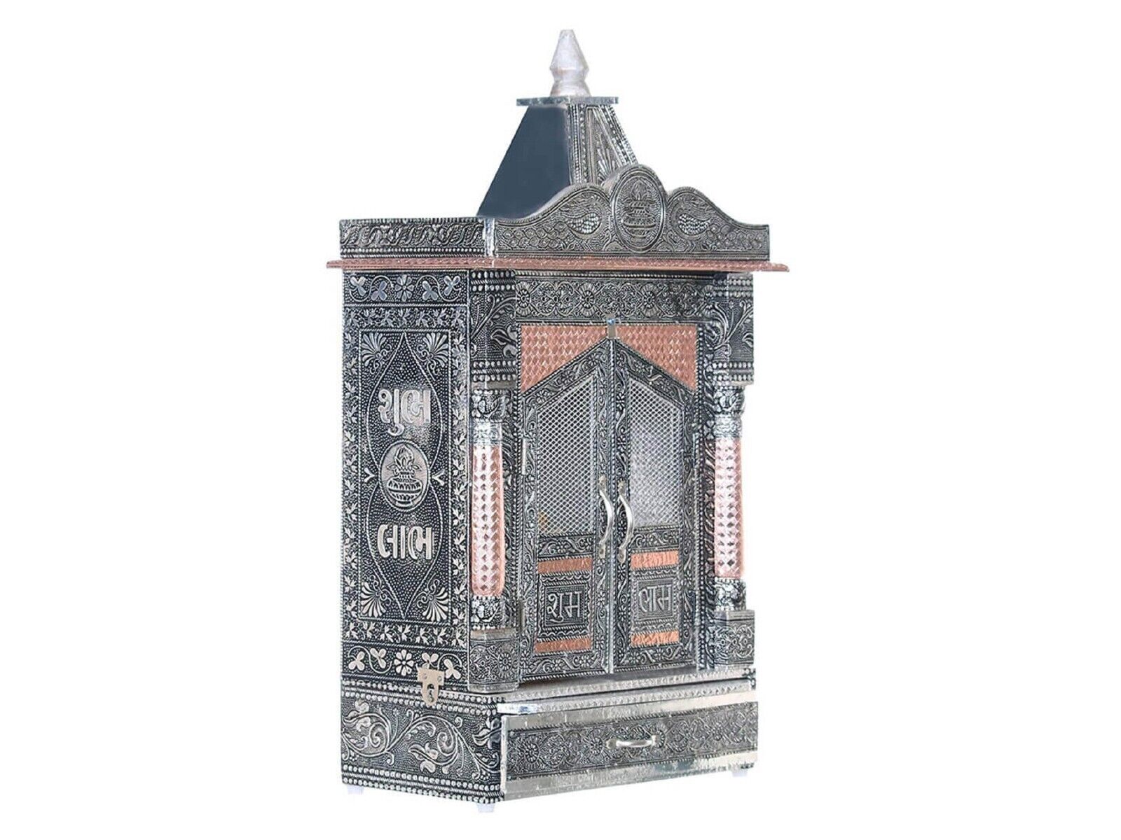 Wooden Mandir with Aluminum Sheet Finish Oxidized Home Temple, Pooja Temple