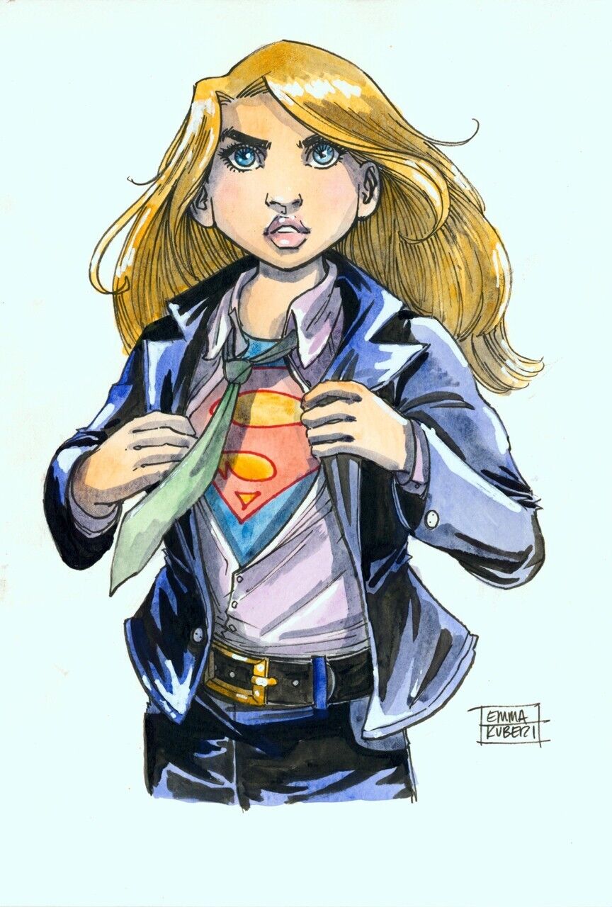 Emma Kubert SIGNED Original DC Comics Superman Art Sketch ~ Supergirl