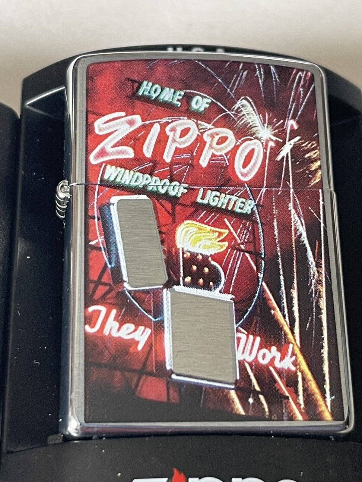 ZIPPO 2007 NEON SIGN BRUSHED CHROME LIGHTER SEALED IN BOX R1411