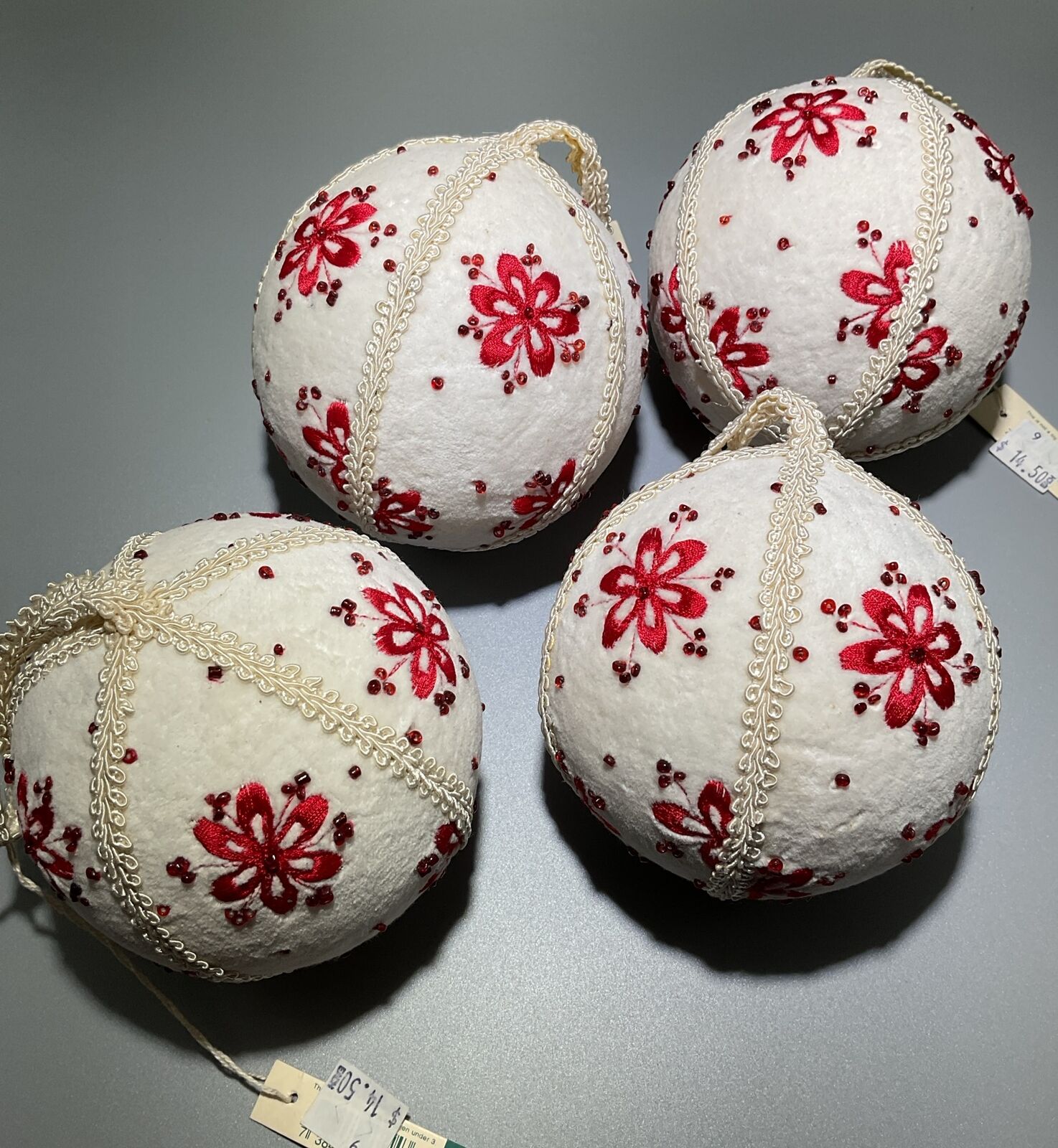 Vintage Floral Balls Christmas Ornaments Red White Midwest Cannon Falls 4pcs