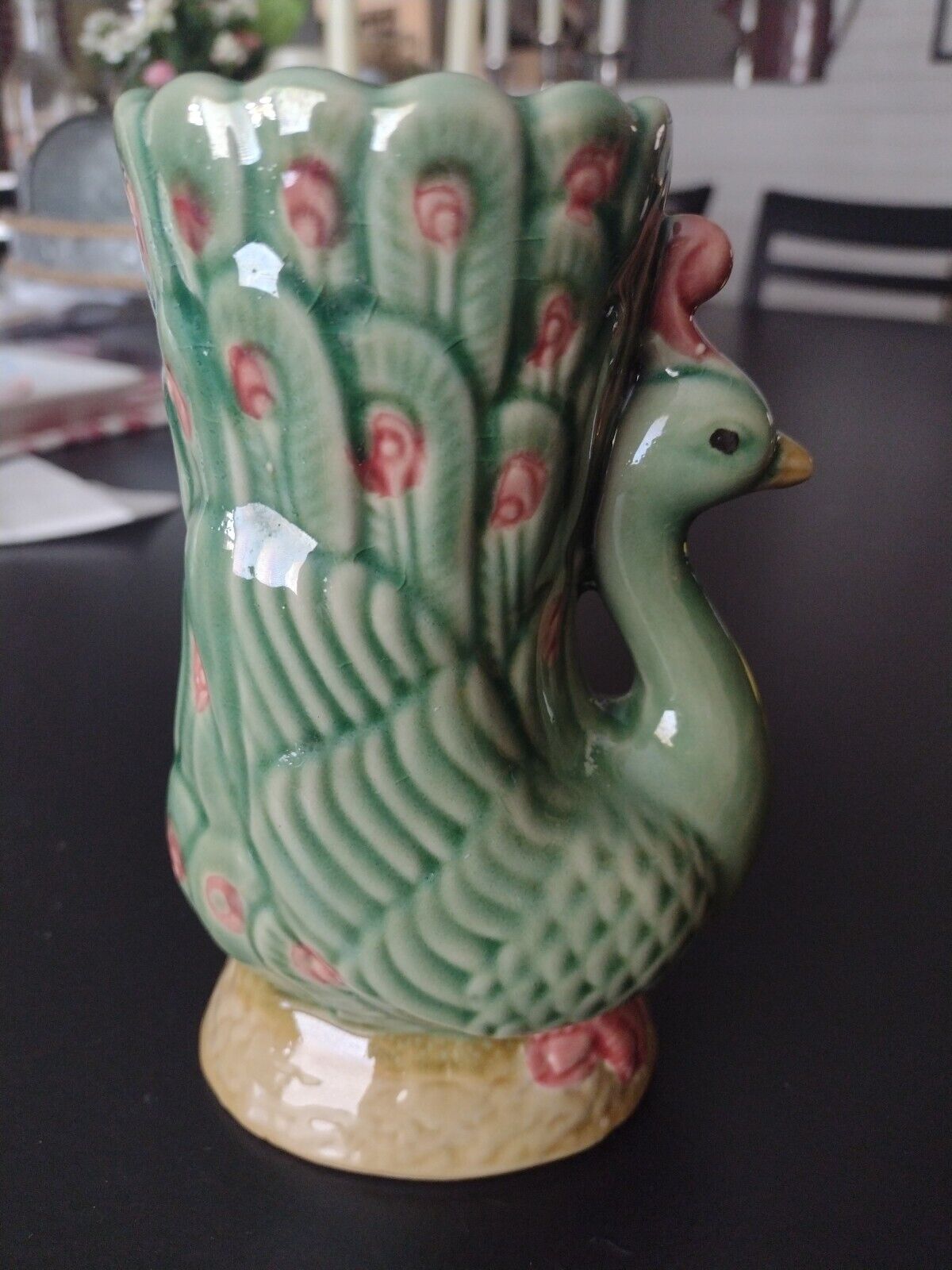 FF Fishermens Fortune Pottery Green Peacock Vase Majolica Style Vintage 