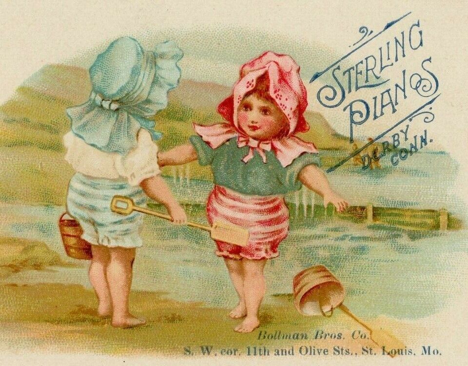 Victorian Trade Card Sterling Pianos St Louis, MO Girls in Bonnets on Beach