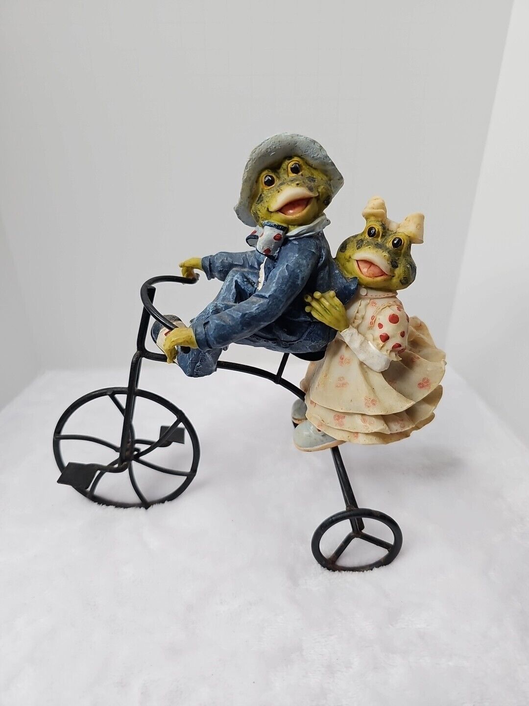 Springtime Frogs On A Metal Tricycle  Resin - Table Decor Or Garden