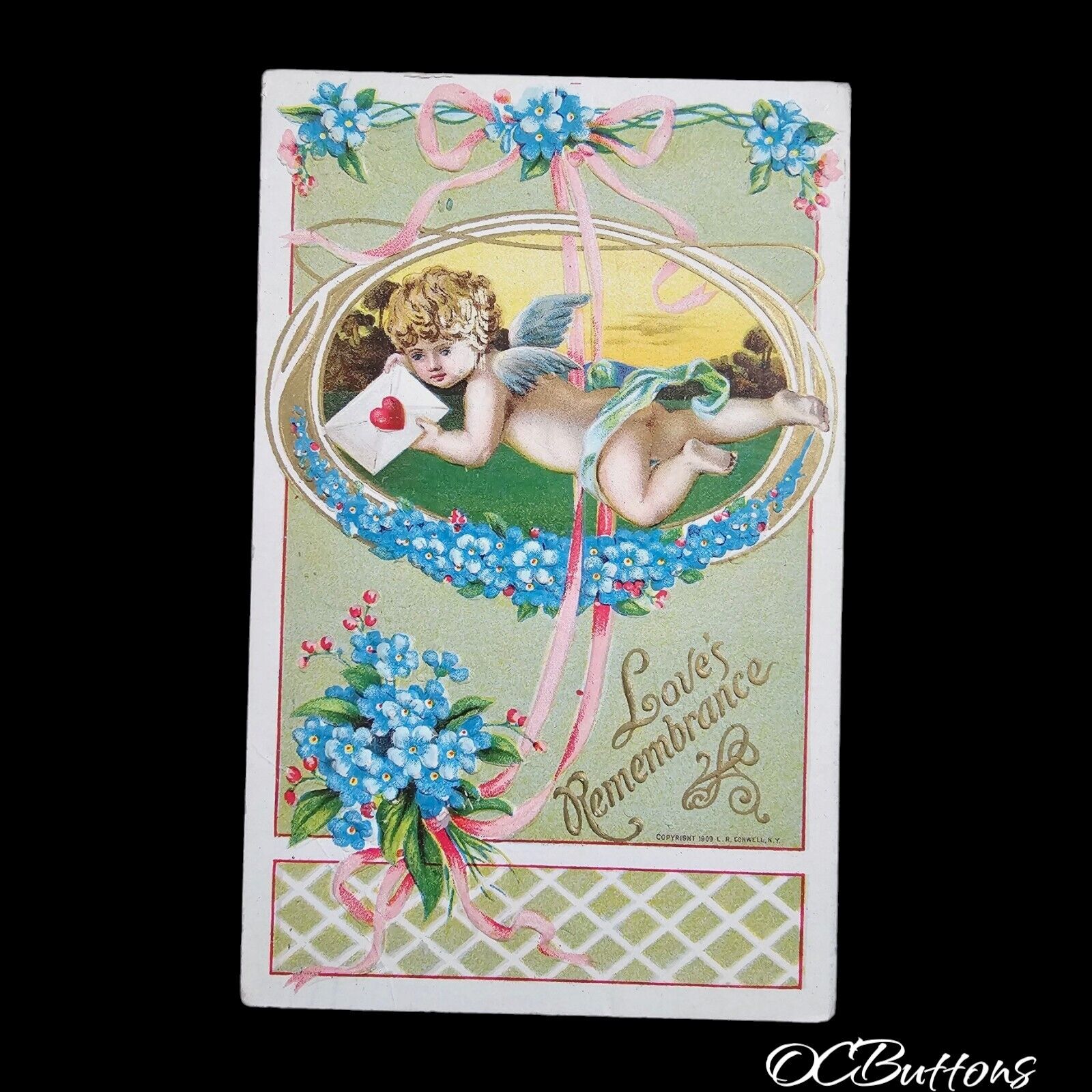 Antique Valentine Greeting Postcard Cherub Delivering Mail Love\'s Rememberance