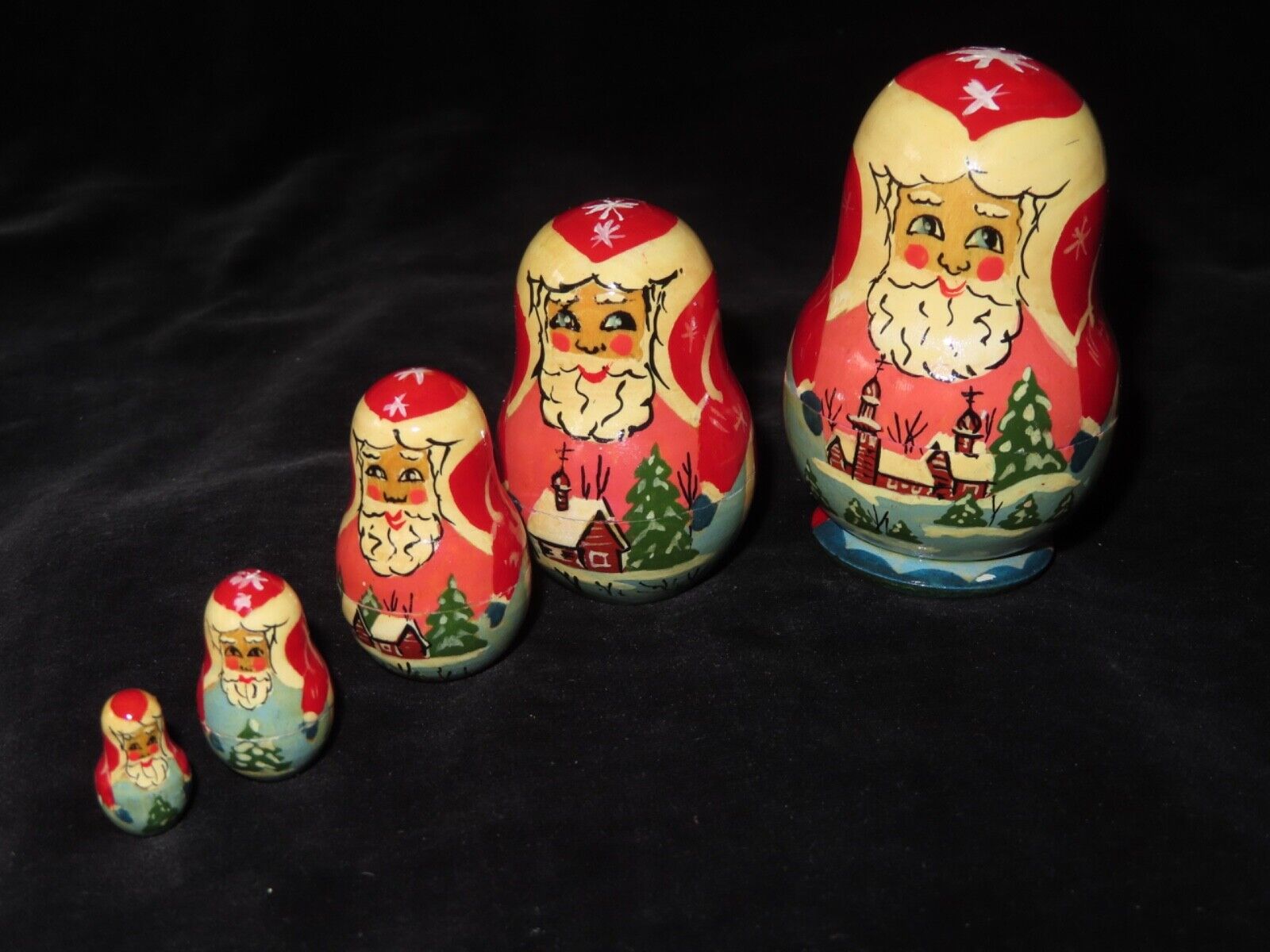 Vintage Russian Christmas Hand Painted Santa Claus Nesting Dolls 5pc