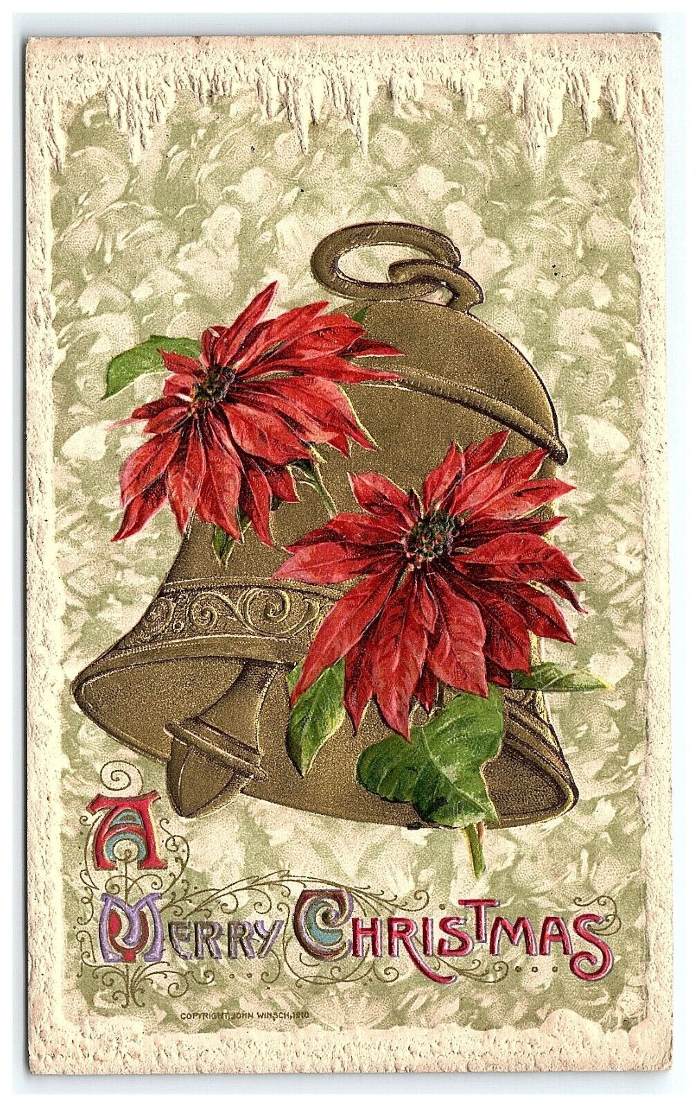 1910 Christmas Winsch Postcard A Merry Christmas Gold Foil Bell Poinsettias
