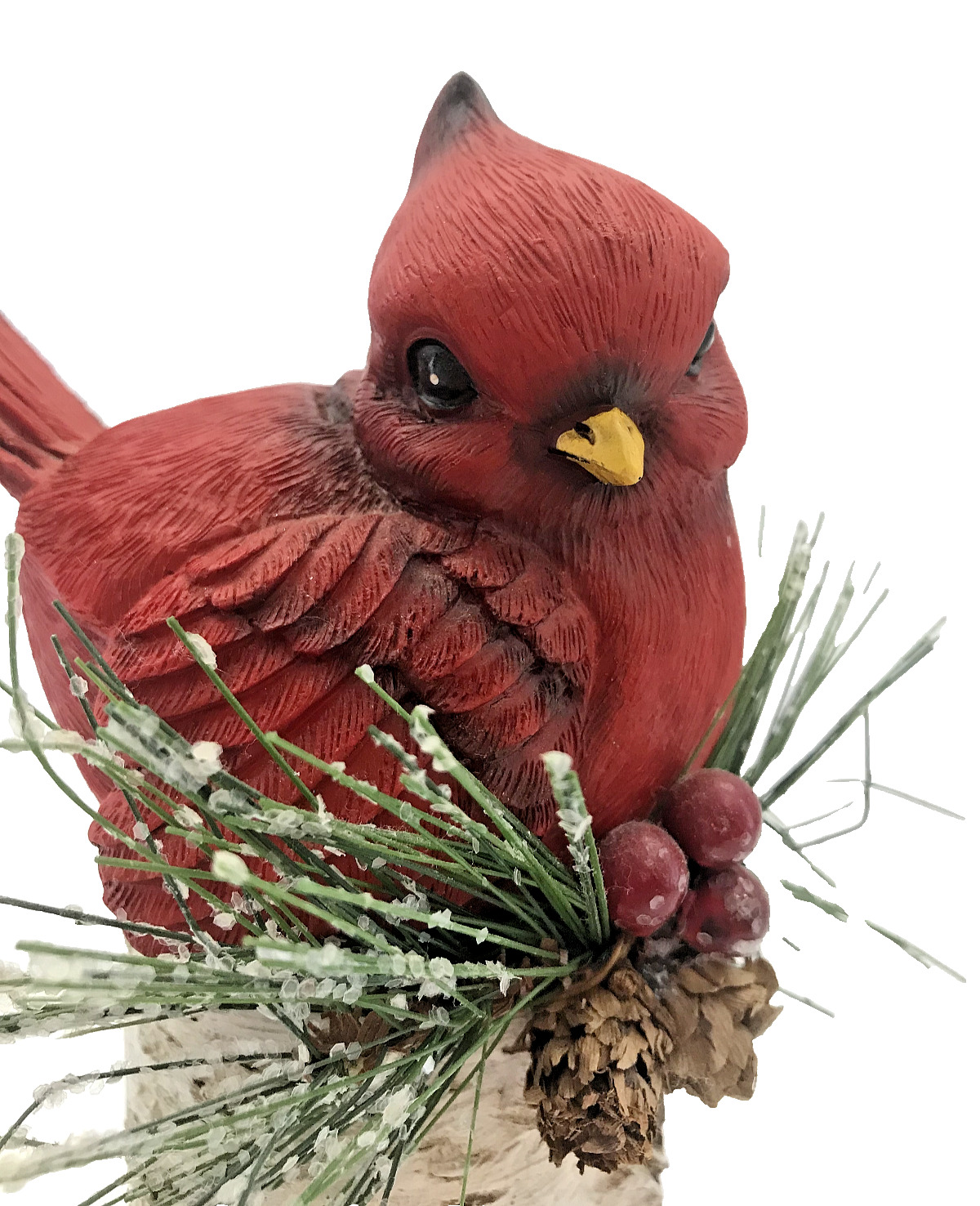 Red Cardinal Resin Figurine on Pine Bough Cones Berries Faux Aspen Log