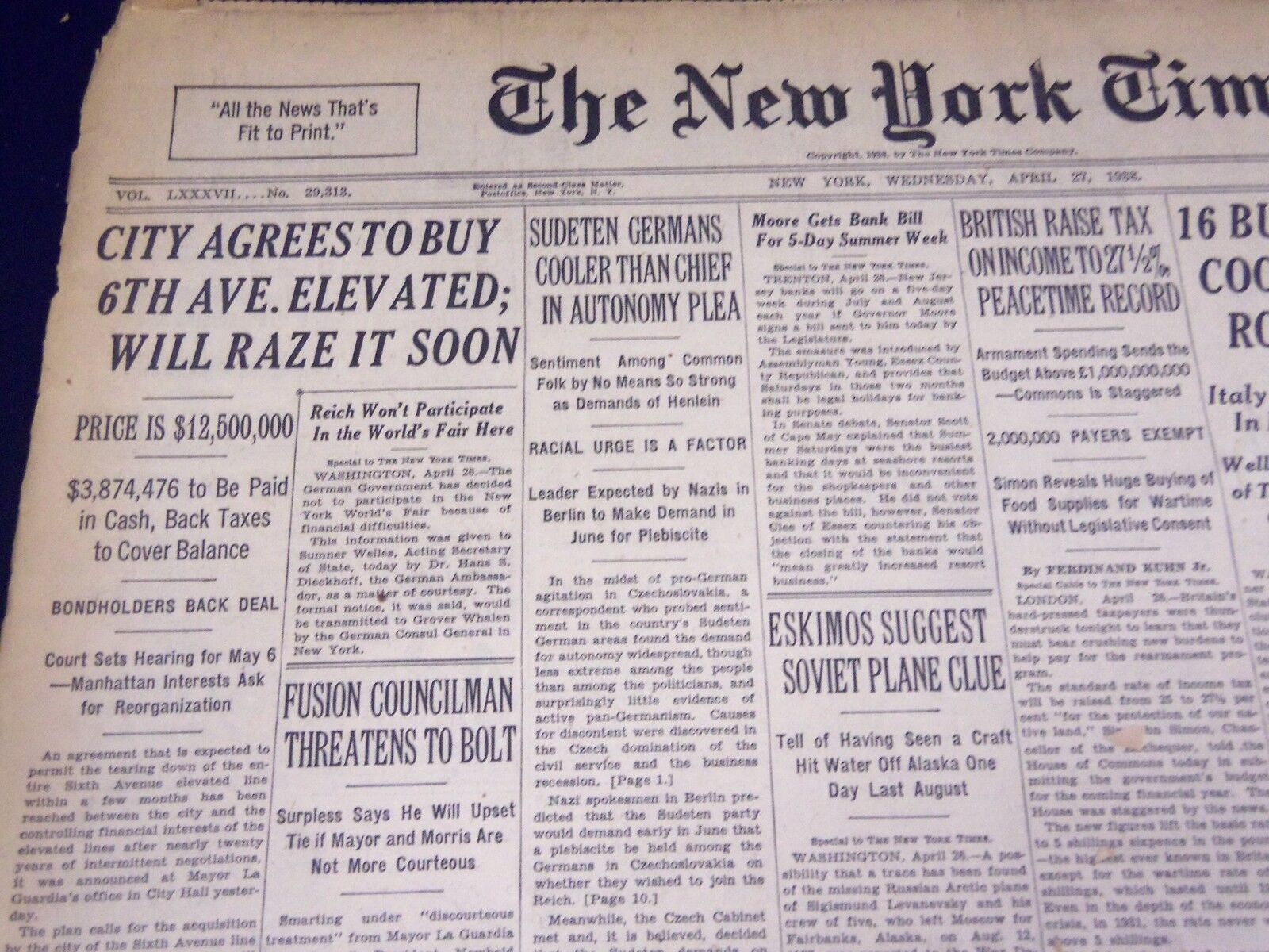 1938 APRIL 27 NEW YORK TIMES - CITY AGREES TO BUY 6TH AVE ELEVATED - NT 694