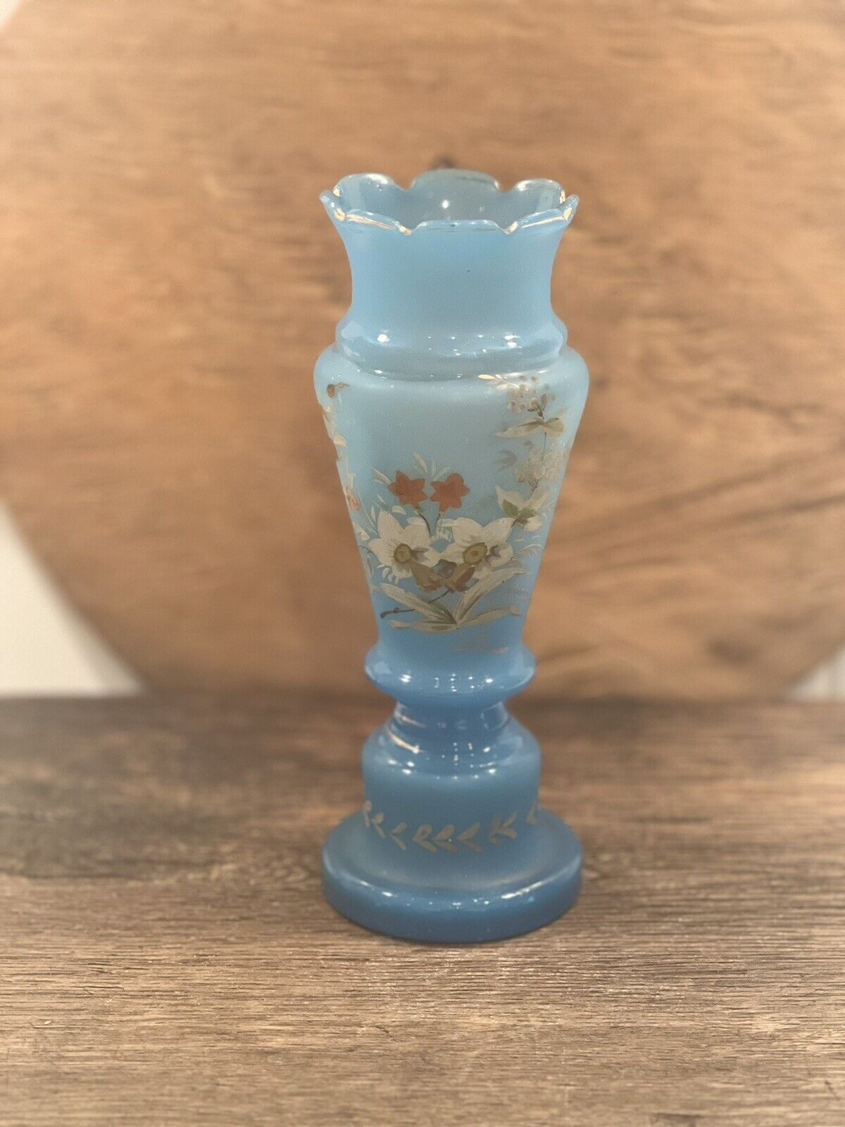 Estate Antique Bristol Victorian Hand Painted Opalescent Art Glass Vase 