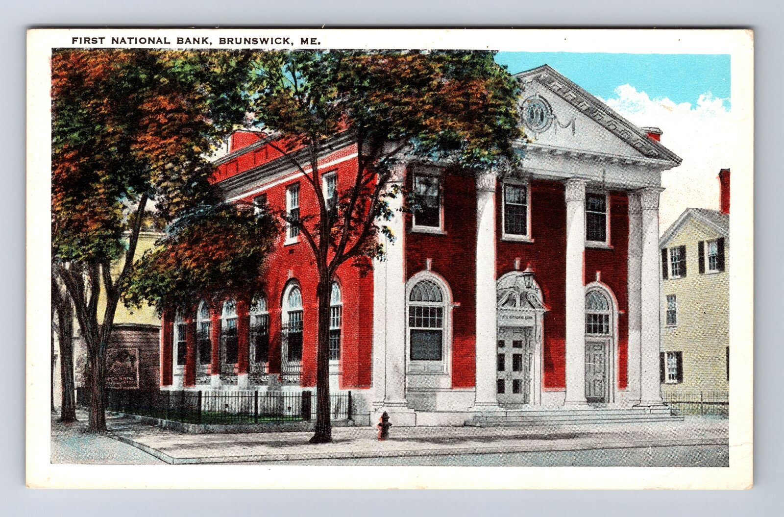 Brunswick ME-Maine, First National Bank, Antique, Souvenir Vintage Postcard