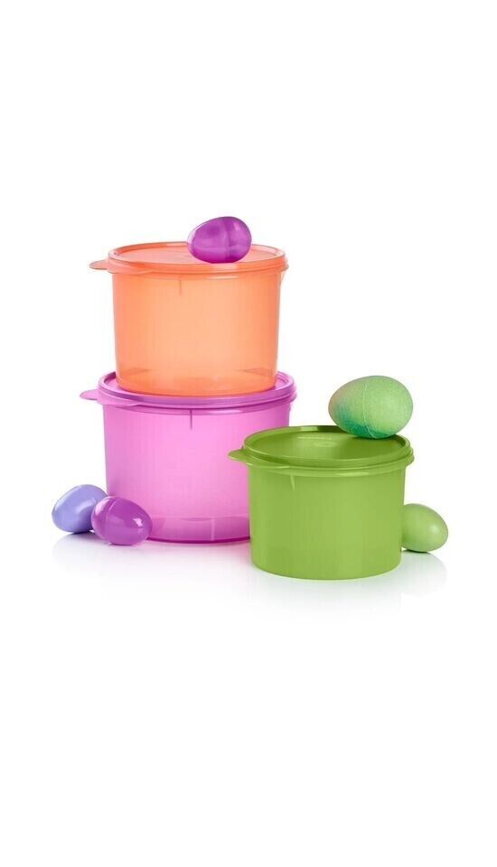 NEW Tupperware 3 pc Stacking Canister Set purple peach green cookie snack gift