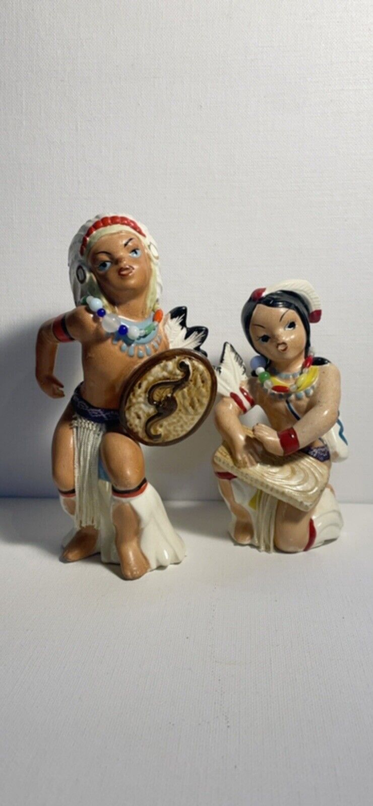 Vintage Indian ceramic figurine pair, By Wale, w/Real Bead And Rope Details,