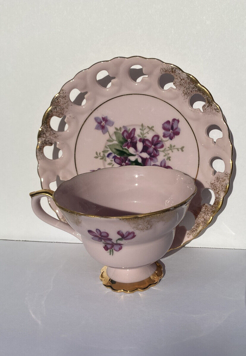 Vtg Beautiful Pink Fine China Cup&Saucer- Gold Trim, Purple Flowers- 3186,Unique