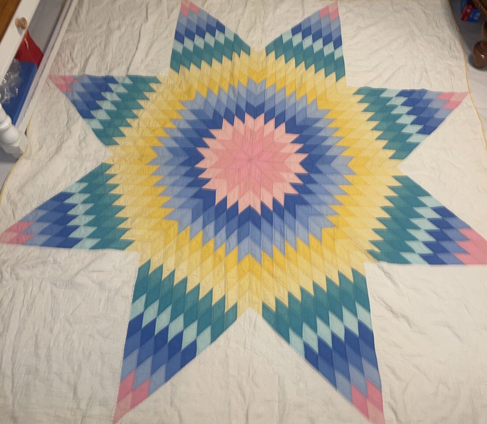 Vintage VIBRANT BRIGHT Vintage Lone Star Hand Stitched Quilt Gingham 78” X  74”