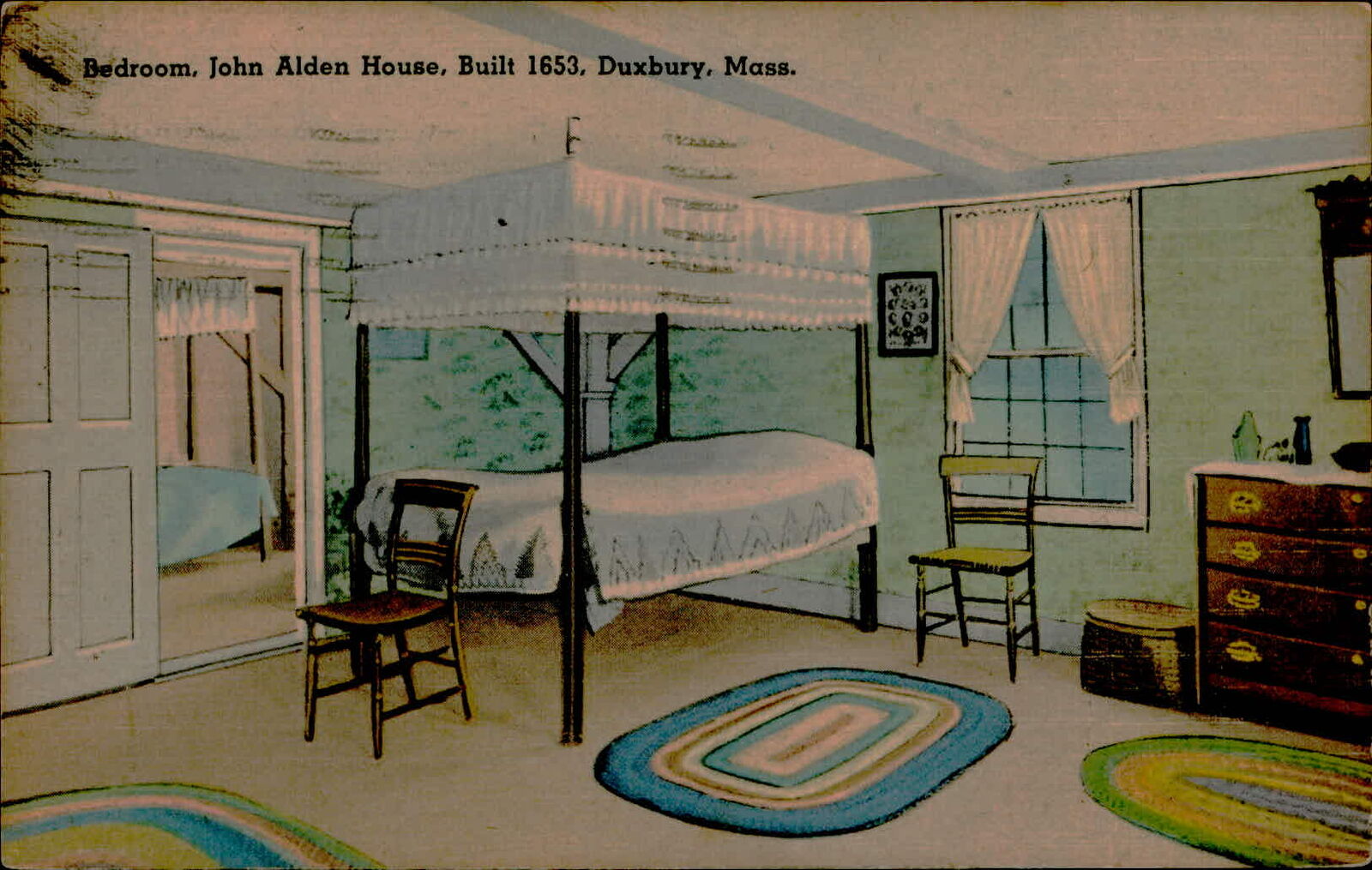 Postcard: Bedroom, John Alden House, Built 1653, Duxbury, Mass. F 4334