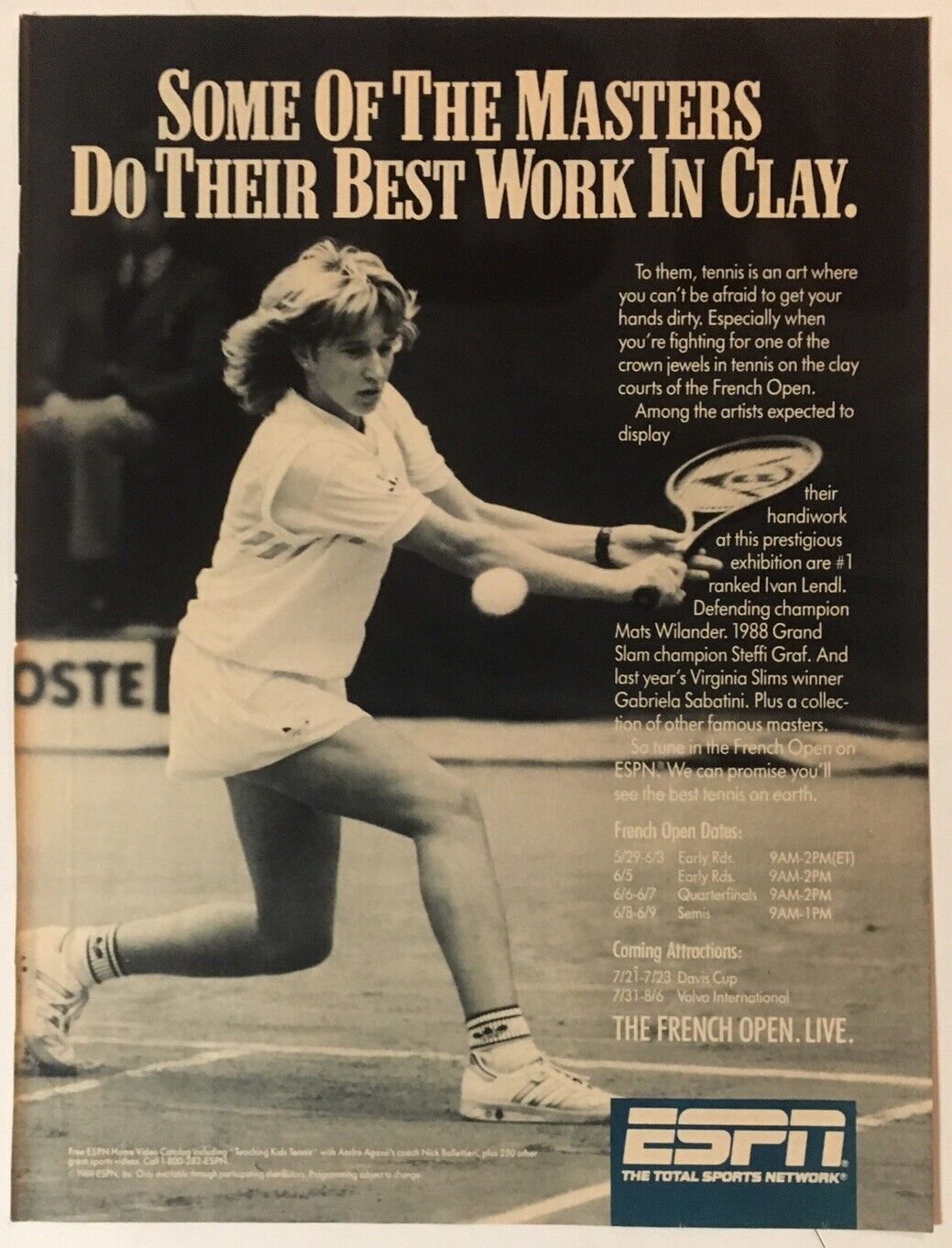 Steffi Graf French Open ESPN 1989 Vintage Print Ad 8x11 Inches Wall Decor