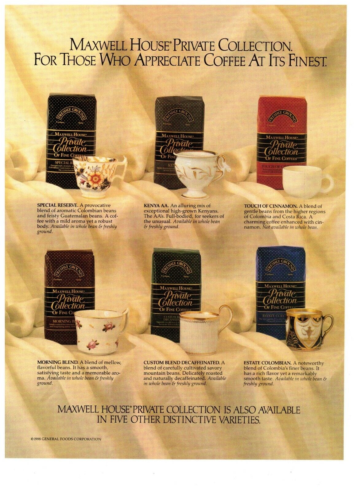 1989 Maxwell House Private Collection Gourmet Coffee Vintage Print Advertisement