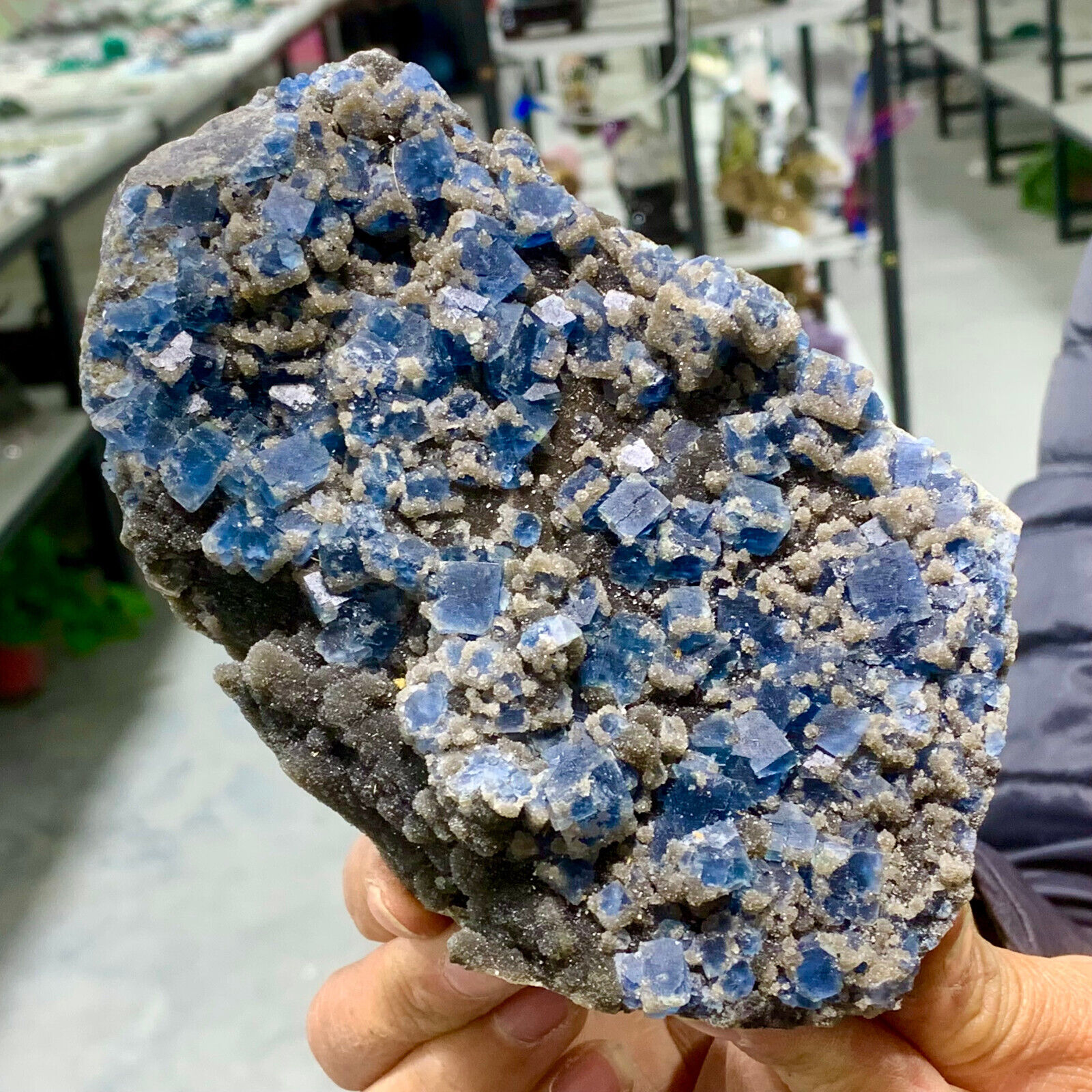 1.61LB Rare transparent blue cubic fluorite mineral crystal sample / China