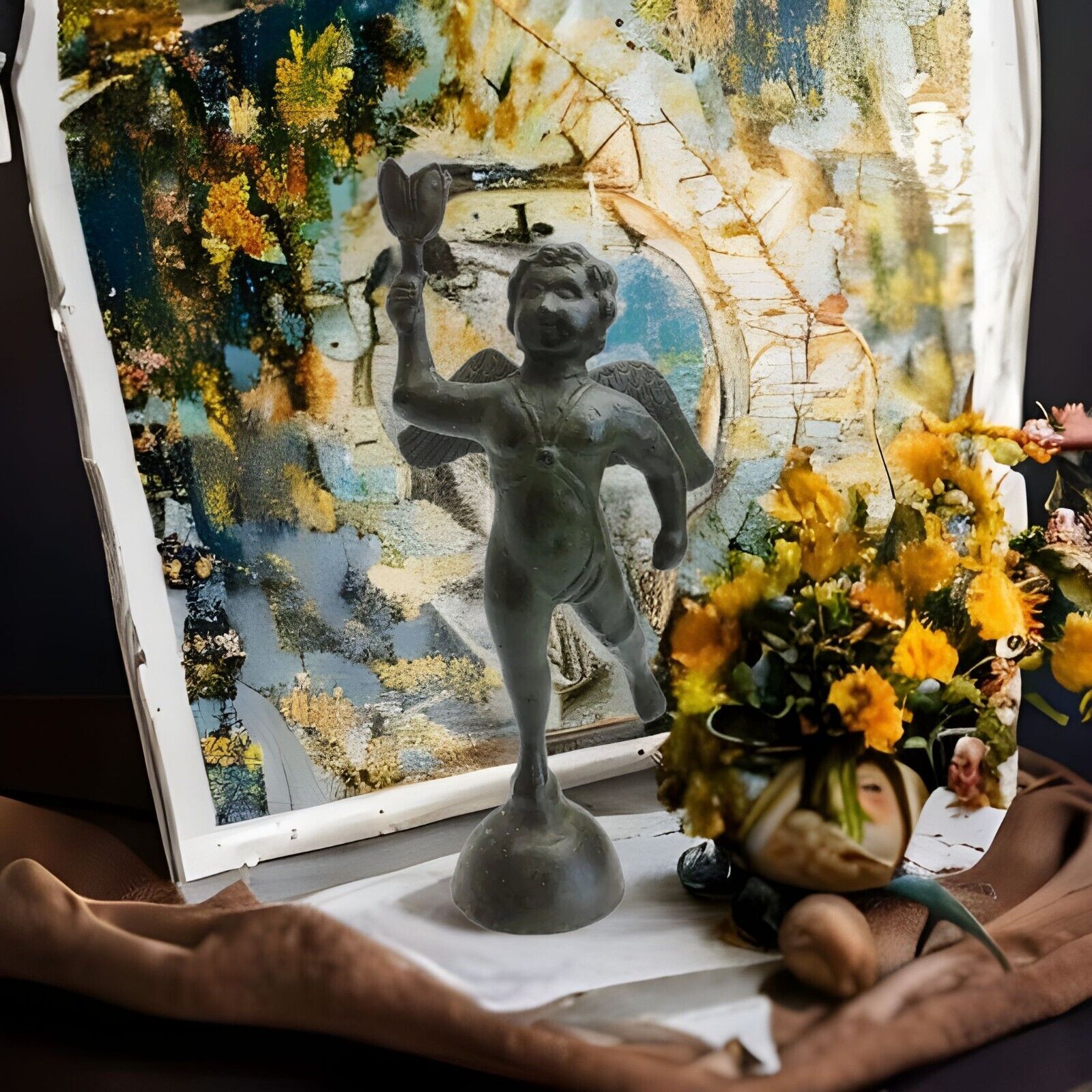 Antique Art Nouveu Bronze Metal Cherub Cupid Winged Angel Candlestick Holder