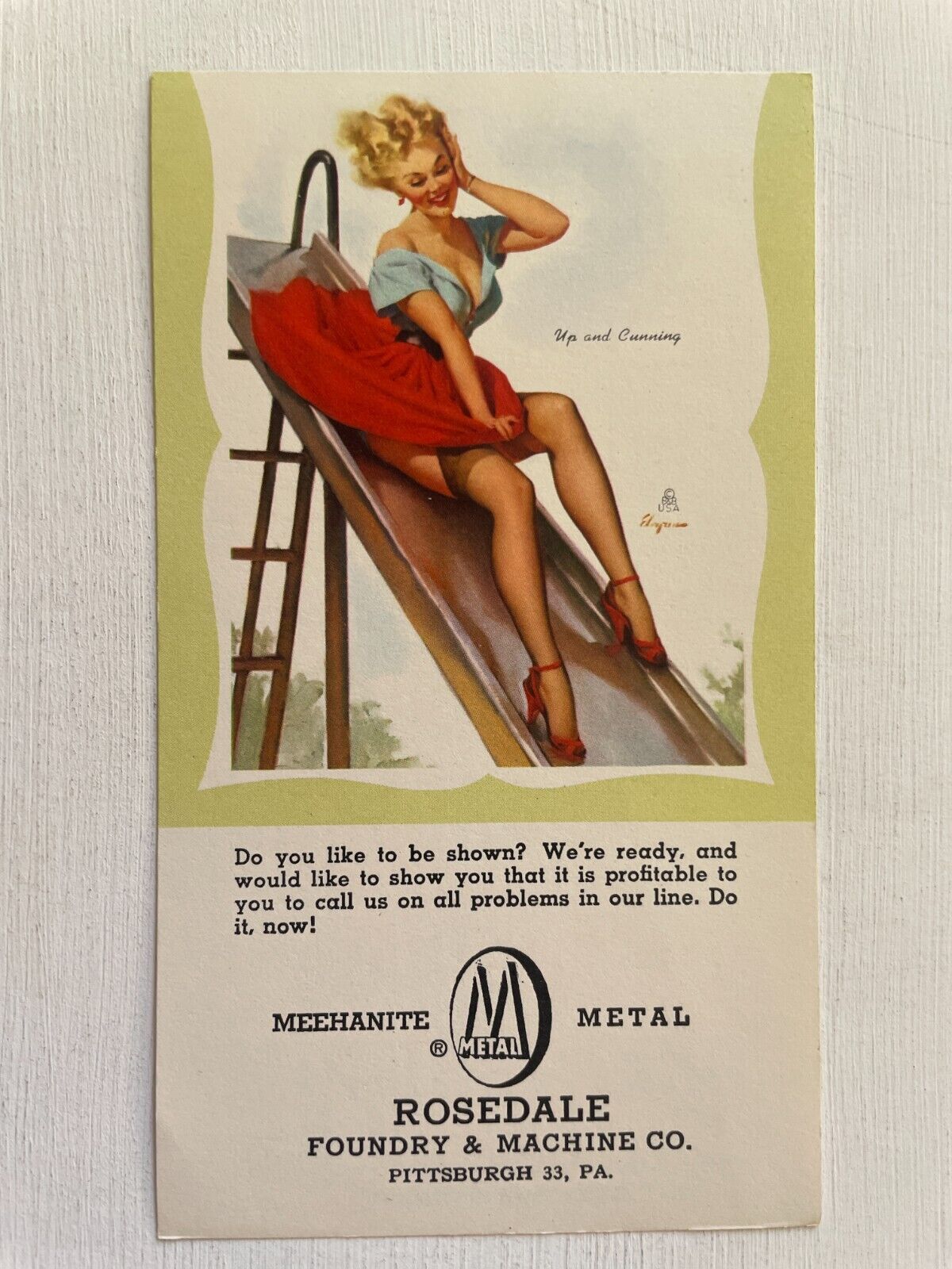 1957 Pinup Girl Advertising Picture - Blond in Skirt on Slide  by Elvgren