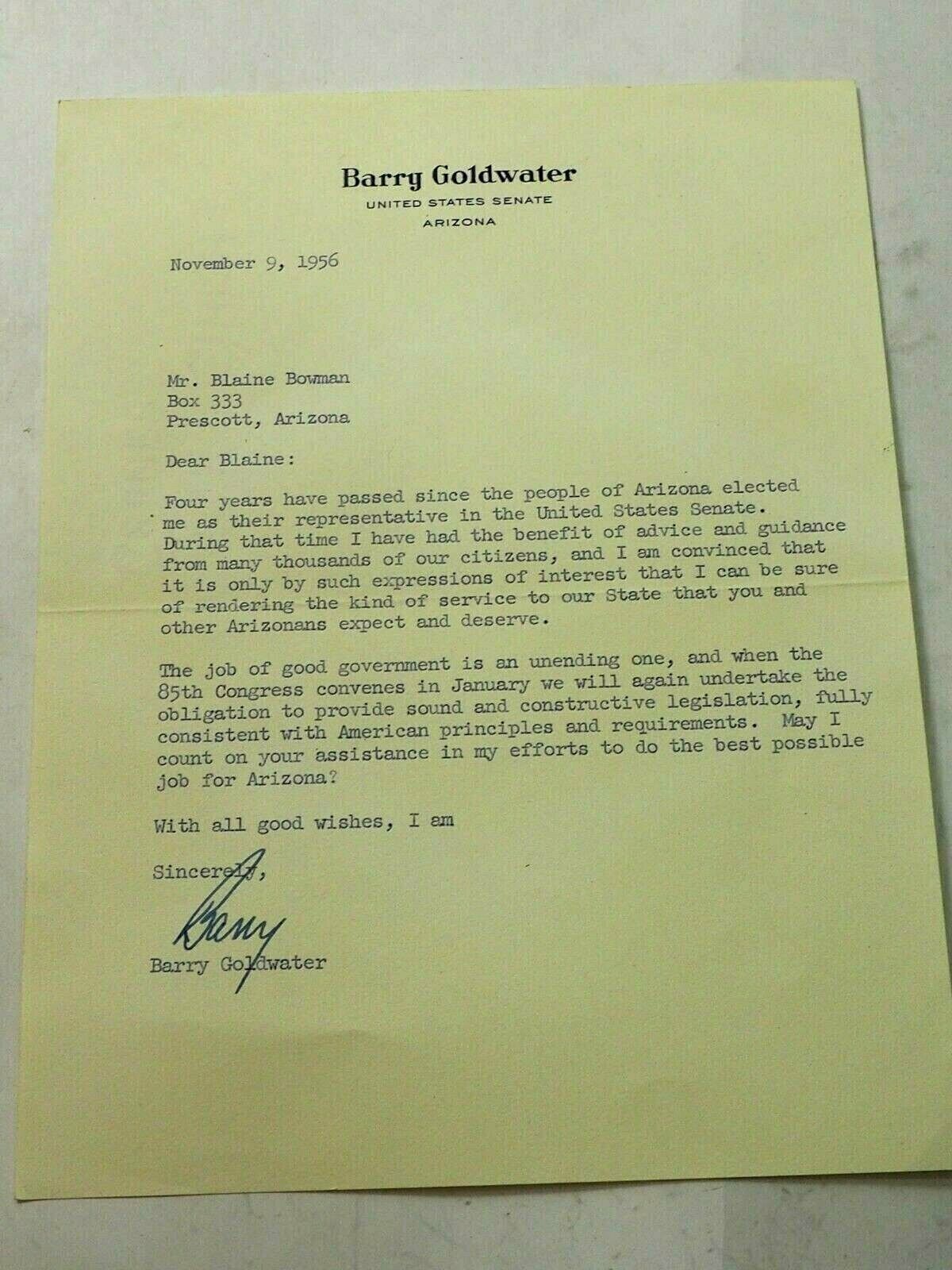1956 BARRY GOLDWATER Letter SIGNED to Blaine Bowman asking for support
