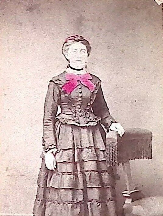 C.1870s CDV Pillow PA Aunspach Studio Woman W Hand Colored Bow Corset Dress D224