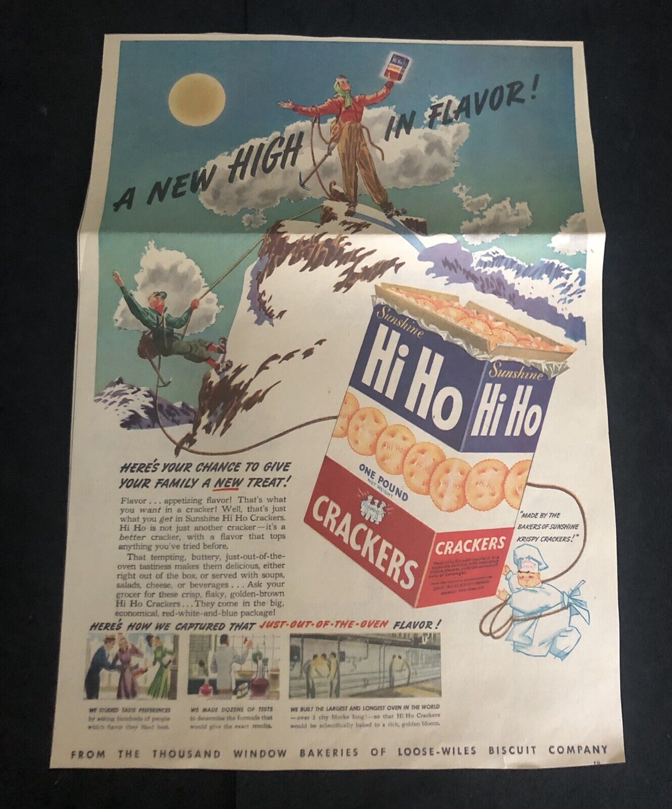 1941 Sunshine Loose-Wiles Biscuit Co Hi Ho Crackers “Mountain”Newspaper Print Ad