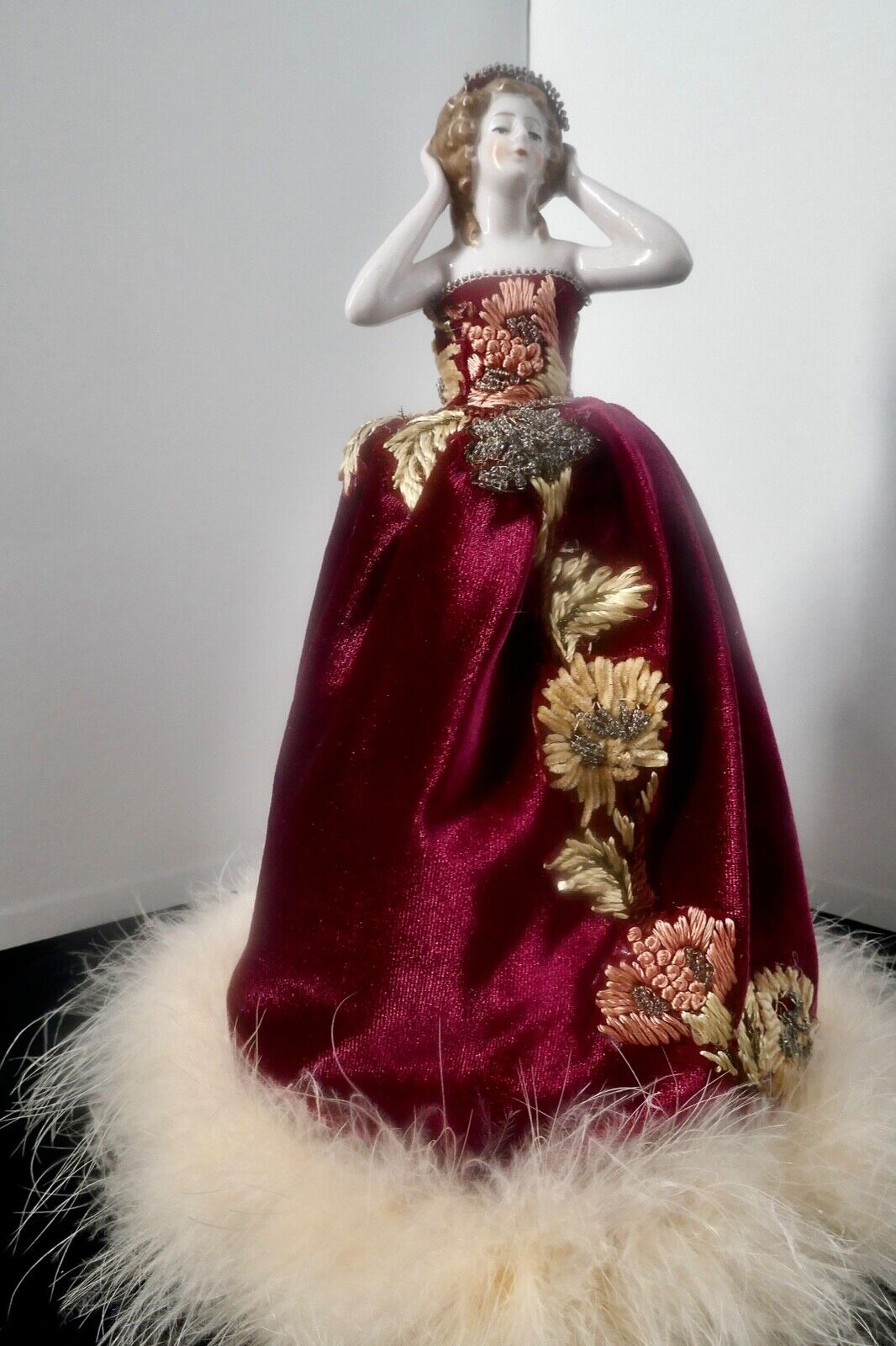 Antique German Half Doll Arms Aloft Opulent Velvet Gown W/Antique Bead Appliques