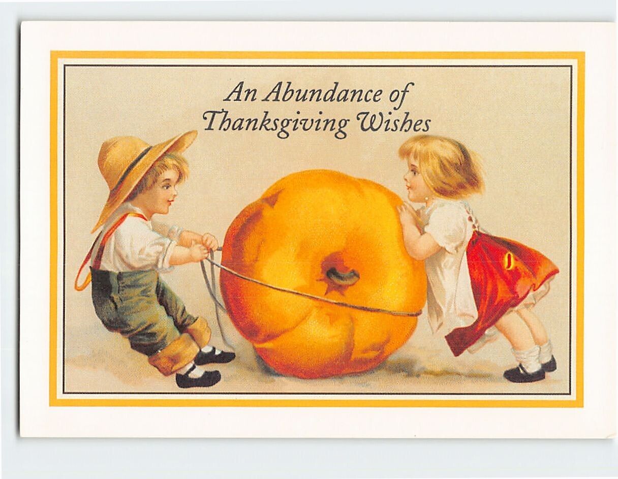 Postcard An Abundance of Thanksgiving Wishes with Children Pumpkin Art Print